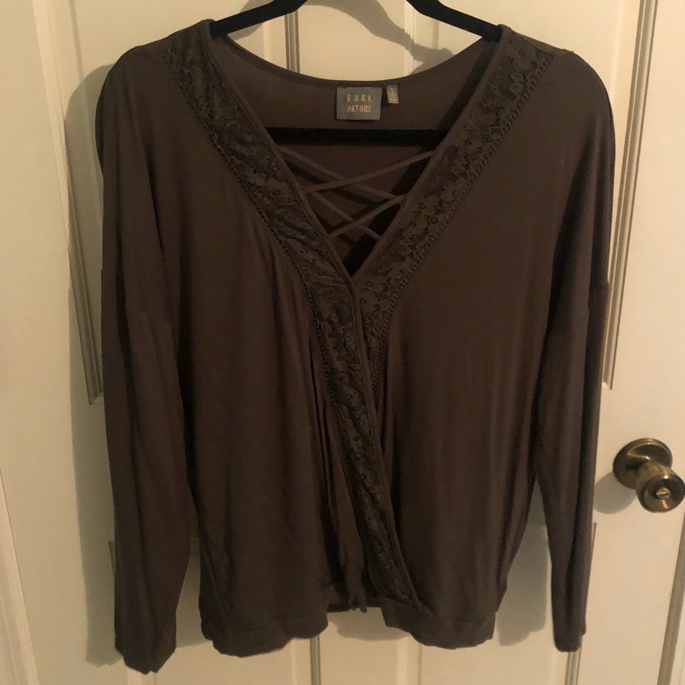 Army green Stitch fix top with lace details